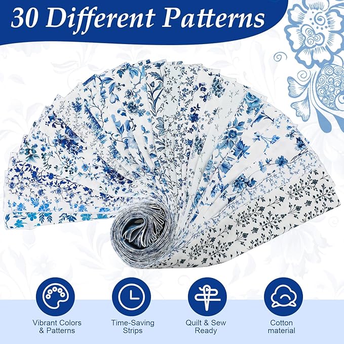 60 Pcs Christmas Quilting Fabric Roll 2.6 x 40" Cotton Fabric Strips Precut Jelly Patchwork for Craft Sewing(Chinoiserie)