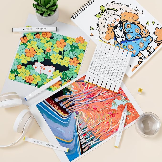 MemOffice 100 Colors Dual Tip Artist Alcohol Markers Set with Carrying Case - Perfect for Coloring, Drawing, Sketching, Card Making and Illustration - Perfect for Adults