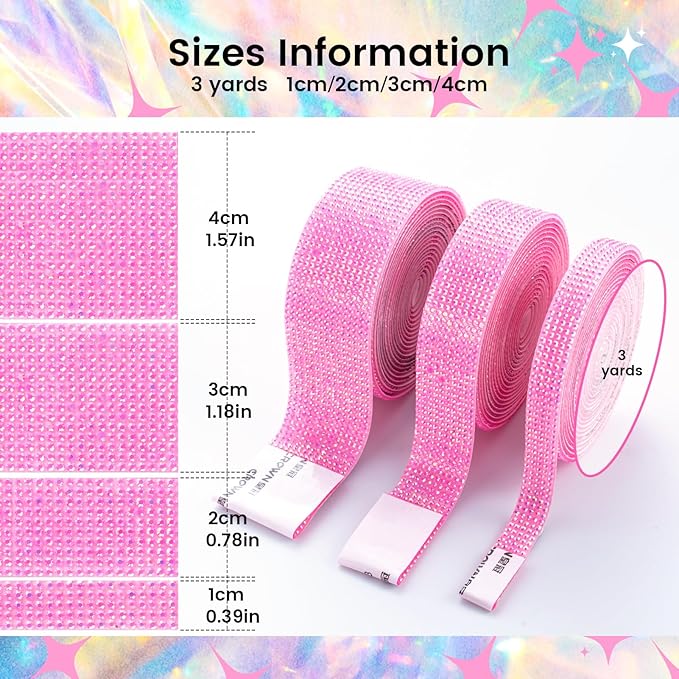 Novani Self Adhesive Rhinestone Ribbon, 1.57 Inch Wide 3 Yards 1 Roll, Hot Pink AB Crystal Diamond Bling Strips for DIY Crafts, Home Decor, Clothing,Shoes, Car Decoration