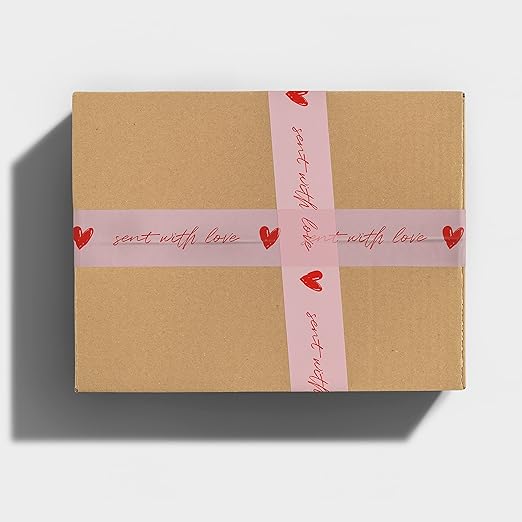 Cute Decorative Packing Tape - Sent with Love Handwritten Script Pink Red Heart, Fun Cute Designer Printed Packaging and Shipping Box Tape, 1.88" x 110 Yards (330 feet)