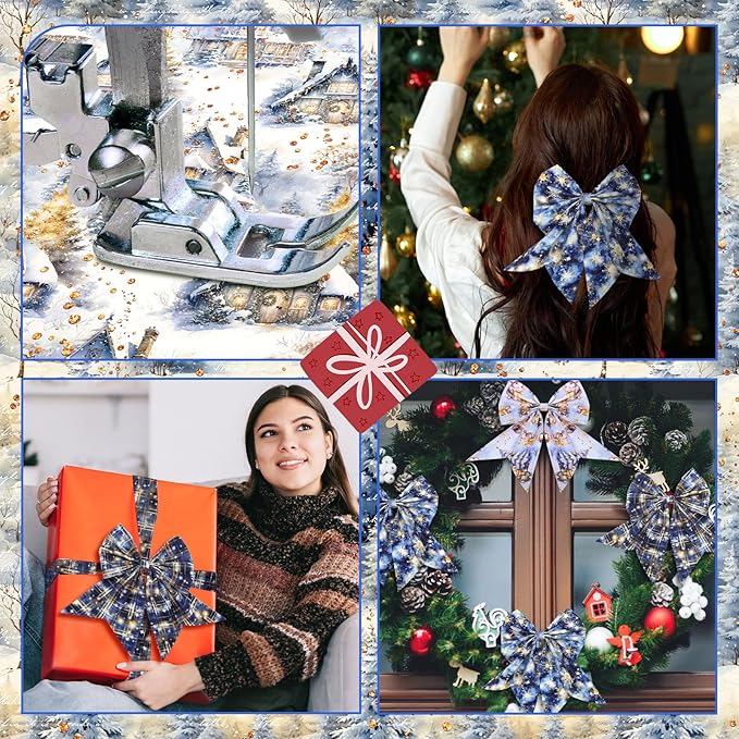 Oudain 60 Pcs 10 x 10 Inch Blue Gold Quilting Fabric Squares Vintage Christmas Fat Patchwork Precut Strips Poinsettias Fabric Bundles for Xmas DIY Craft Sewing Handmade Materials