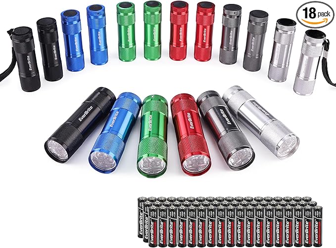 EverBrite 18-Pack Mini LED Flashlight Set - Portable Flashlights Ideal for Hurricane Supplies Camping, Night Reading, Cycling, BBQ, Party, Backpacking - Includes Lanyard & 54 x AAA Batteries