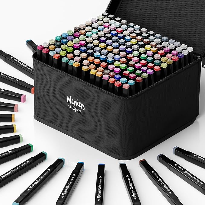 Alcohol Markers 168 Colors,Chisel & Fine Dual Tip Marker Set for Adults,Permanent Coloring Alcohol Markers Perfect Halloween Christmas Gift for Painting Coloring Sketching