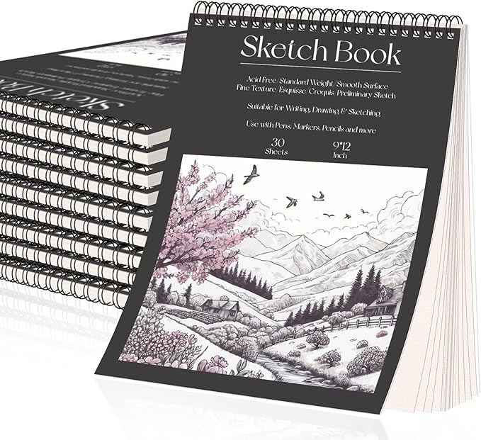 OSIMIG 10 Pack Sketch Books 9" x 12", Top Spiral Bound Sketch Pad Bulk, 300 Sheet Total (68lb/100gsm), Drawing Paper Pad, Sketchbook for Drawing, Art Supplies for Kids & Adults