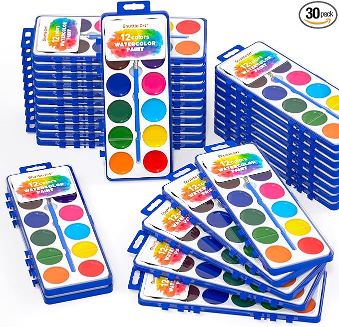 Shuttle Art 30 Pack Watercolor Paint Set Bulk, 12 Colors Watercolor Paint Set bulk with Paint Brushes for Kids and Adults, Washable Paint for Classroom, Parties, Kindergarten and Art Activities