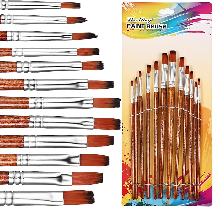 Giantree 12 PCS Flat Brushes Set, Professional Nylon Paint Brushes, Long Handle Artist Brush for Watercolor Acrylic and Oil Painting (Flat Head)