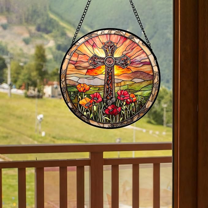Christian Gifts for Women - Cross Stained Glass Window Hanging Jesus Easter Poppy Sunset Landscape Sun Catcher Garden Religion Decor Mother's Day Catholic Gift for Men Grandma Mom Her 6.3"