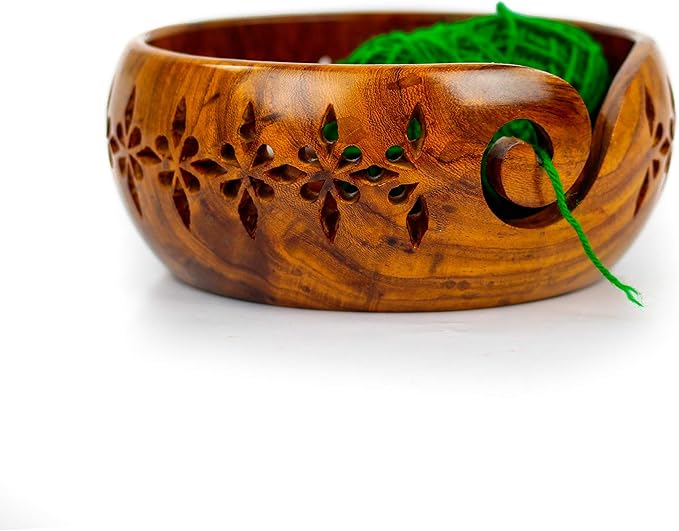 Premium Rosewood Storage Bowl for Yarn Balls & Skeins with Decorative Carved Drills & Drops & Candy Knitting Needles | Knitting & Crochet Notions | Nagina International (Large)