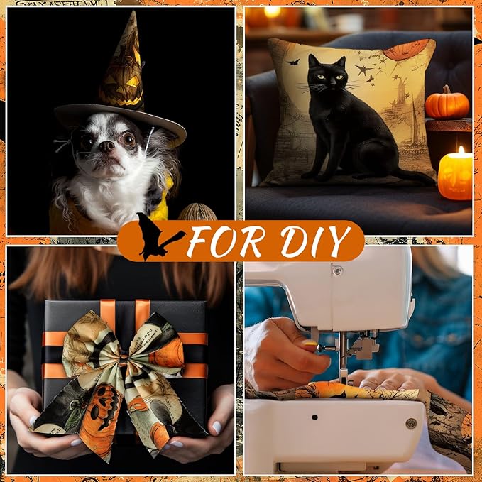 Hahafelt 10 Pcs 18 x 22 Inch Vintage Halloween Quilting Fabric Square Spooky Gothic Quilted Fabric Bundle Fat Quarters Pumpkin Skull Cat Owl Precut Patchwork Supplies for Holiday DIY Sewing Craft