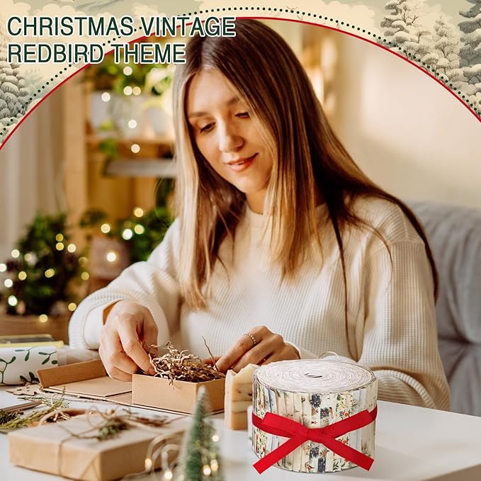 40 Pcs Woodland Christmas Quilting Fabric Roll 2.56 Inch Precut Fabric Squares Jelly Patchwork Santa Red Cardinal Strips Materials for Winter Xmas Holiday Craft Sewing Panels DIY