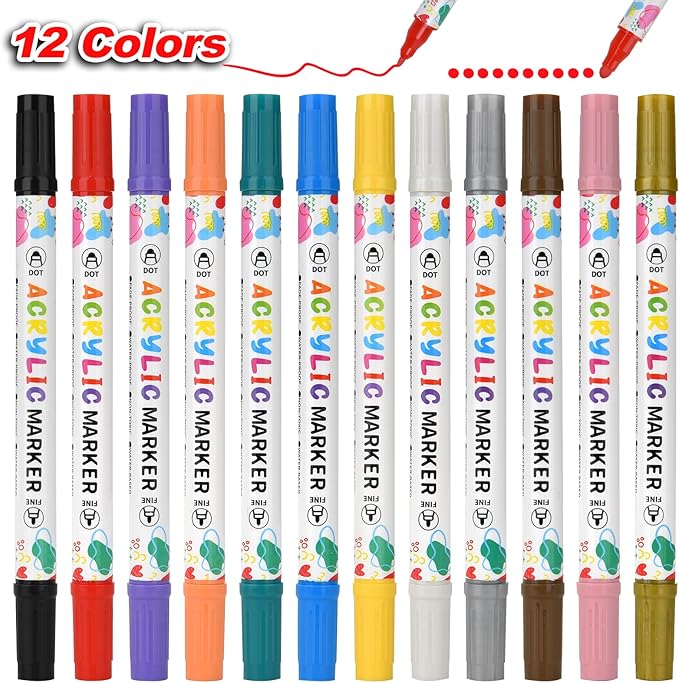 12 Colors Acrylic Paint Pens, Dual Tip Acrylic Paint Markers for Paper, Wood, Canvas, Stone, Rock Painting, Glass, Fabric, DIY, Ceramic, Art Supplies for Adults Drawing (Dot + Fine)