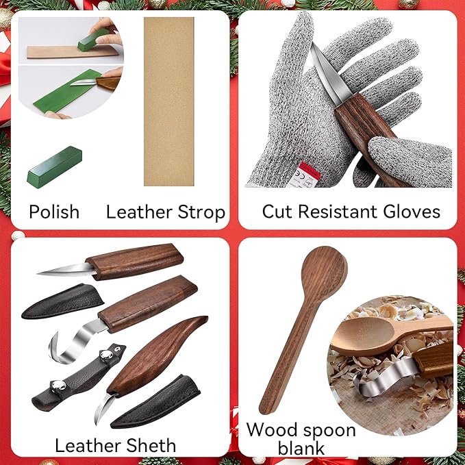 WAYCOM 12pcs Wood Whittling Kit Wood Carving Tools Set Hook Carving Knife,Detail Wood Knife,Whittling Knife Cut Resistant Gloves Leather Sheath And Bamboo Present Box For Spoon,Bowl,Cup