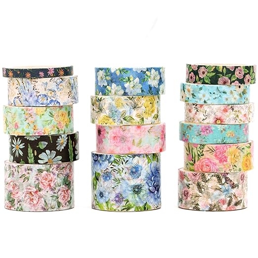 Floral Washi Tape Set - 15 Rolls Flowers Arts Adhesive Tapes Garden Blooms Decorative Masking Tape Sets for Craft, Kids, Scrapbook, DIY, Gift Wrloapping (5-Pastel Garden)