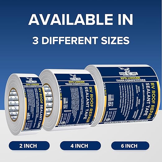 Buck RV Roof Sealant Tape – 3 Inch x 55ft, 40 Mil – Waterproof RV Tape for Roof Repair, Seams, Skylights, Vents & Window Leaks on Camper, Trailer & Boat, UV Resistant & Weatherproof, White, 1 Pack