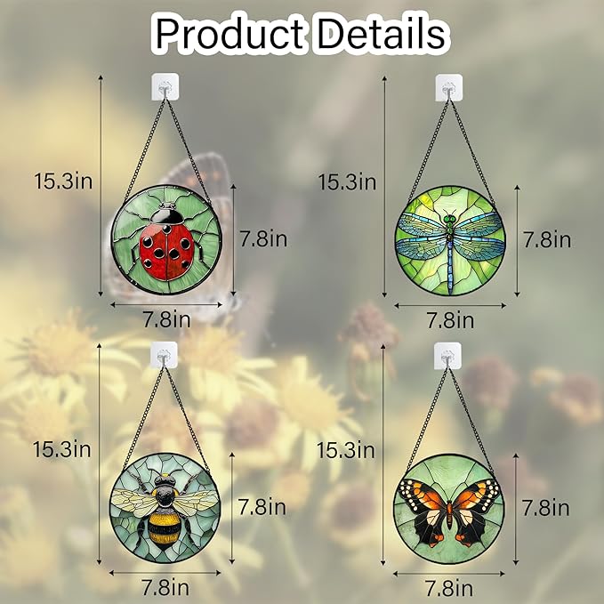 Stained Glass Window Hanging 4 Pcs Set Butterfly Dragonfly Bee Ladybug 7.8" - Suncatcher Door Garden Sun Catcher Decor Birthday Mother's Day for Mom Woman Nana Men