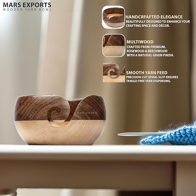 Wooden Yarn Bowl for Crocheting & Knitting – Large Yarn Holder Organizer for Beginners & Adults, Smooth Wood Bowl for Yarn, Needles, Hooks & Craft Tools