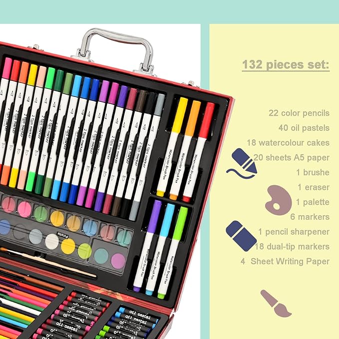 132-Piece Art Set, Deluxe Professional Color Set, Creating Gift Box, Art Set Crafts Drawing Painting Christmas Kit for Kids and Adult, Girls Boys