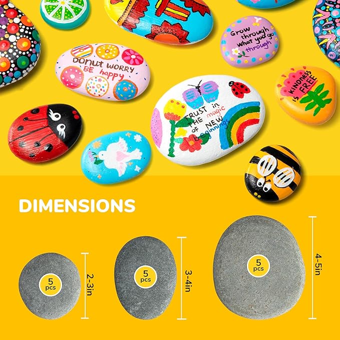 Simetufy 15pcs Rocks for Painting, 5pcs Each 2-3in, 3-4in, 4-5in, Flat & Smooth Rocks for Arts & DIY, Kindness Painting Stones