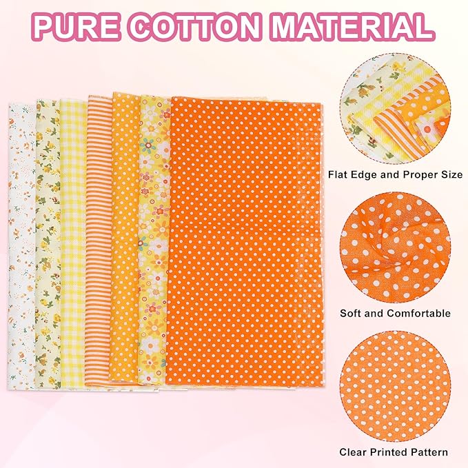 PATIKIL Cotton Fabric Bundles, 7 Pcs 10 x 10 Inch Pure Cotton Fat Quarter Floral Printed Precut Fabric Squares for Sewing Patchwork Quilting DIY Crafts, Orange