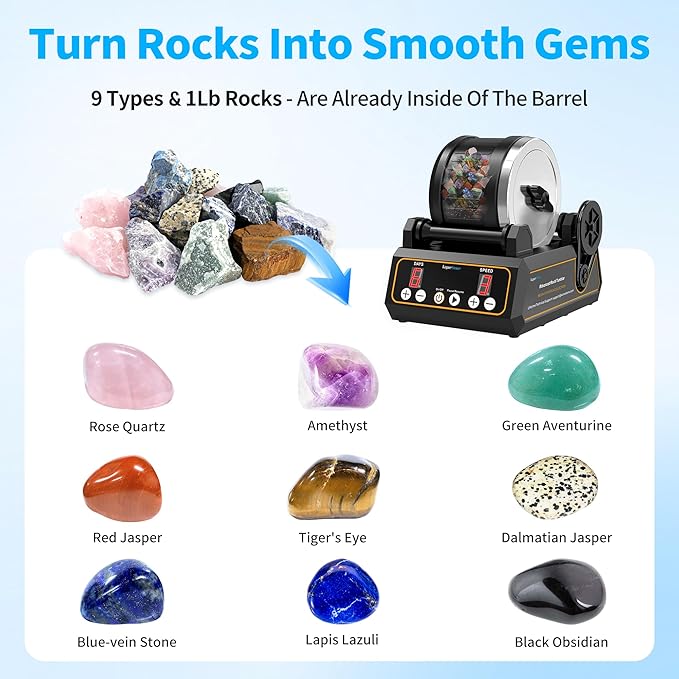 Rock Tumbler Kit, K1 Professional Large 2.5LB Capacity Edition - Memory Function, Digital Timer & Variable Speeds: Includes All Accessories, Rock Polisher Gift for Adults & Kids