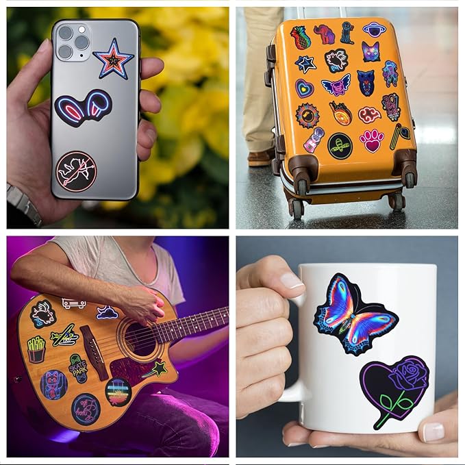 Water Bottle Stickers 200 Pcs Cool Neon Sticker Packs, Prizes for Kids Classroom Reward, Waterproof Vinyl Stickers for Water Bottles Laptop Skateboard Journal Scrapbooking Notesbook Guitar Luggage etc