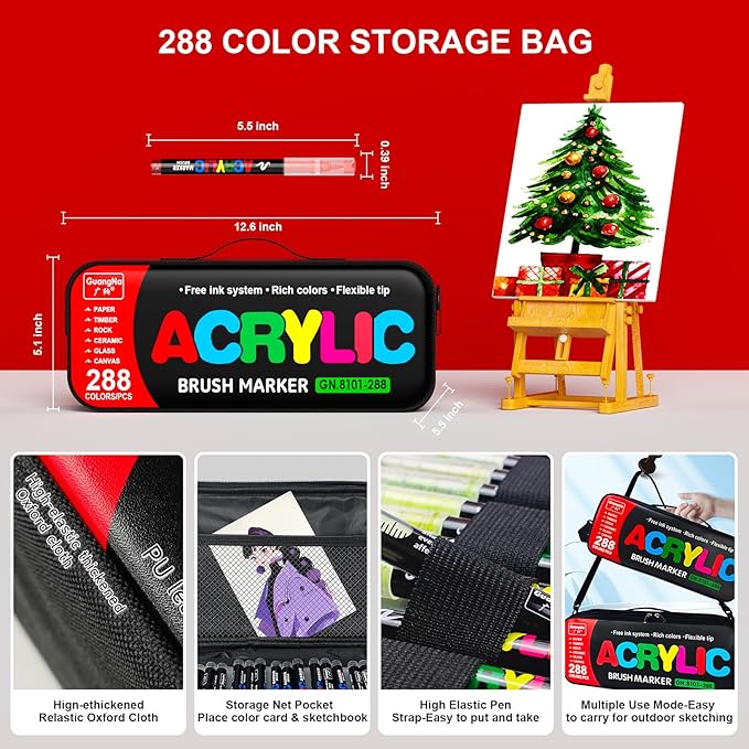 288 Colors Acrylic Paint Markers with Carrying Bag and Shoulder Strap, Soft Brush Tip Paint Pens for Wood, Stone, Canvas, Glass, Fabric, Egg, Rock Painting