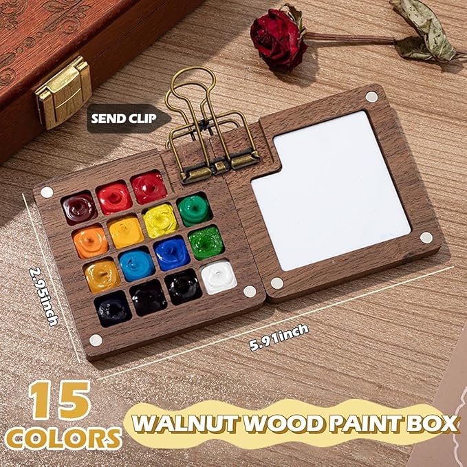 Watercolor Kit,New Mini Watercolor Paint Set, Pocket Watercolor Set with Paint, Brush,bag, Sketchbook & Copper Clip, Travel Kit for Beginners, Artists & Painting Enthusiasts(Walnu -15 Grids)