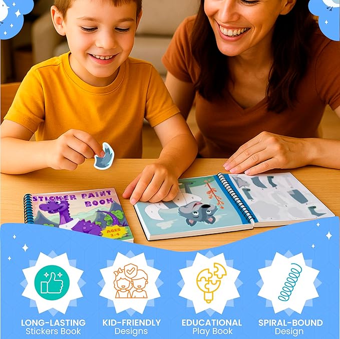 BulbaCraft 4Pcs Sticker Paint Books - Sticker Books by Number with Dinosaurs, Trucks, Animals and Under The Sea - Coloring Activity