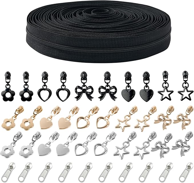 Mylbeter #3 Nylon Coil Zippers by The Yards Black Bulk Zippers 10 Yards with 40PCS Sliders Continuous Zipper Tape for DIY Bag Clothing Sewing Crafts Gold Pull Sliver Slider Zipper for Bags and Purses