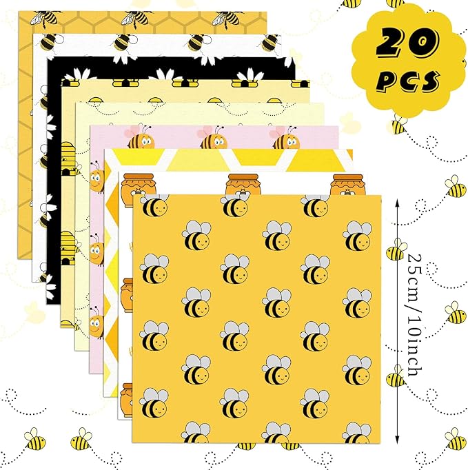 20 Pcs 10''x10'' Bee Quilting Fabric Square Bundle Honeycomb Daisy Gnomes Precuts Quilted Fabric Yellow Printed Patchwork Supplies for Holiday Summer Patchwork DIY Sewing Crafts