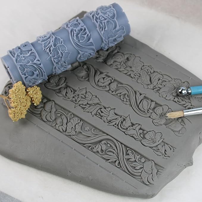 Nouveau Bloom Clay Texture Roller (4") - Seamless Border Set #01 - Embossing Pattern Roller for Polymer & Ceramic Clay, Pottery & Crafts