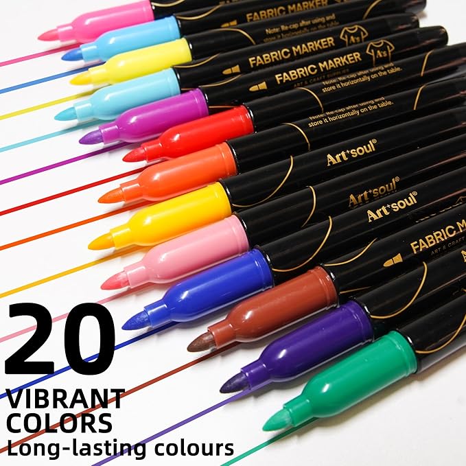 Art+soul Fabric Markers 20 Colors: No-Iron, Air-Dry Overnight for Color Fix, Color-Lasting. 10+ Machine Wash-Resistant. Great for T-Shirts, Textiles, Canvas Bags & Shoes