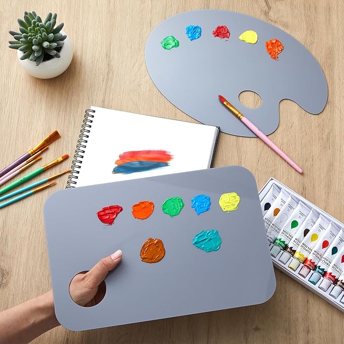 Honoson 2 Pack 11.8 x 7.9 Inch Neutral Grey Acrylic Paint Palette with Opaque Paint Pallet, Easy to Clean Non Stick Artist Pallet for Oil Watercolor Craft DIY Painting Palette (Square and OVA)