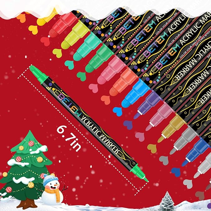 Betem 60 Colors Dual Tip Acrylic Paint Pens Markers, Premium Acrylic Paint Markers Stocking Stuffers for Rock, Wood, Fabric, Glass, Canvas, Ceramic, Christmas Gifts for Teens DIY Crafts Art Supplies