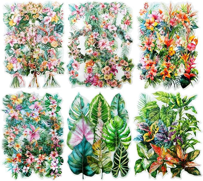 Tropical Botanical PET Sticker Set, 120Pcs Floral and Leaf Stickers for Scrapbooking, Journaling, Junk Journal Supplies, and DIY Crafts