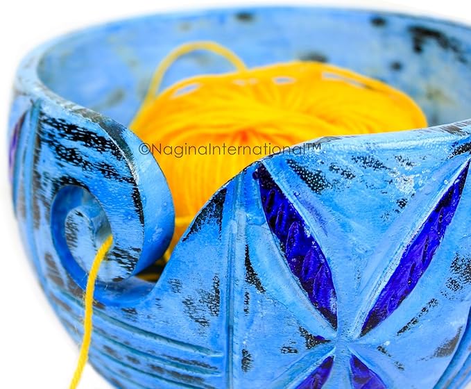 Exquisite Premium Yarn Ball Storage Bowls | Hand Painted Lovely Decor Yet Functional Yarn Dispenser (Large (7 x 4 x 7 Inches), Frozen Blue)