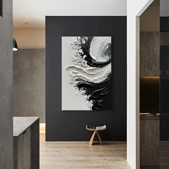 NANKAI Art Hand-Painted Thick Textured White and Black Minimalist Oil Painting Home Wall Art Deco 36x24 inches