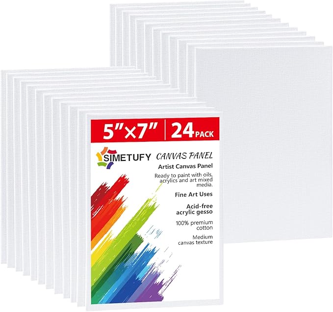 Simetufy 24 Pack Canvas Boards for Painting 5x7 Inch Small Canvas Panels Blank, Gesso Primed Acid-Free 100% Cotton White for Acrylics Oil Painting Art Supplies
