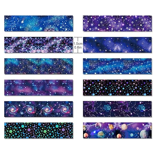 12 Pcs Starry Sky Washi Tape Set Starry Sky Galaxy Washi Tapes Space Themed Patterned Masking Tape Sets Starry Sky Decorative Paper Sticker for Scrapbook DIY Craft Gift Wrapping Handbook Sticker