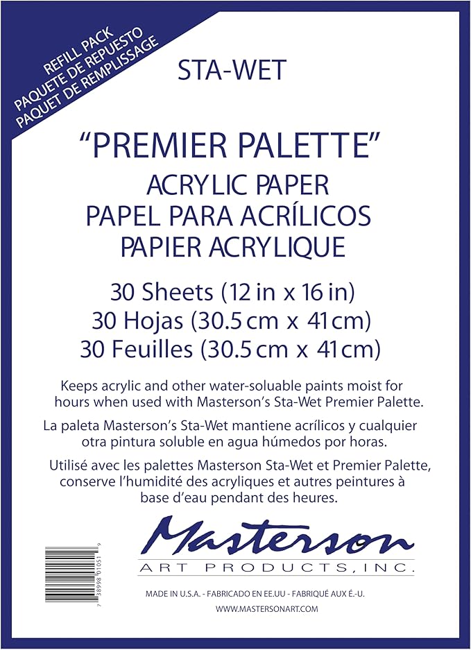 Masterson Sta-Wet Premier Palette Bundled Set, 12in x 16in Airtight Wet Painting Palette, with 30 Acrylic Paper Refill Sheets and 1 Sponge Refill Pack, Keeps Wet Paint Fresh for Days, Made in USA