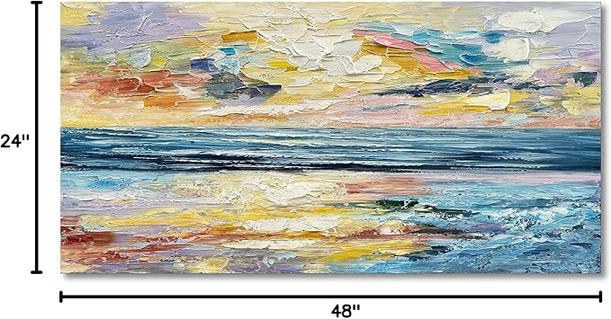 Art Hand Painted Ocean Landscape Oil Painting Sea Sunset Landscape Modern Abstract Art Home Wall Decoration 24x48 Inches