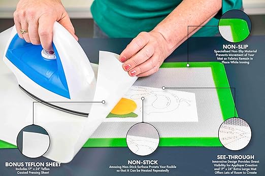 Precision Fusing Mat (17" x 24") Includes No-Slip/Nonstick mat with See-Through Design for Appliqué Creation, and Teflon Coated Pressing Sheet - Applique Pressing Sheet