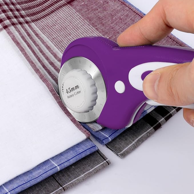 45mm Rotary Cutter for Fabric, Fabric Cutters with 5pcs Extra Rotary Blades, Roller Cutter Set for Sewing, Quilting, Leather & Craft Projects (Purple)