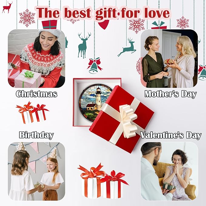 Stained Glass Window Hanging, Ocean Lighthouse Sun Catchers Glass Panel Blue Green Suncatcher Decor for Birthday for Women, Men, Wife, Aunt, and Mom 6.3 in