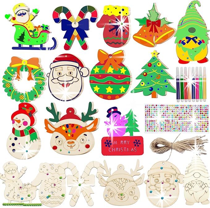 Aodmti 60 pcs DIY Christmas Wooden Ornaments Unfinished Wood Slices to Paint, Wooden Christmas Ornaments Crafts with 12 Styles,DIY Snowflake,Santa Claus,Moose Christmas Tree Ornaments kit