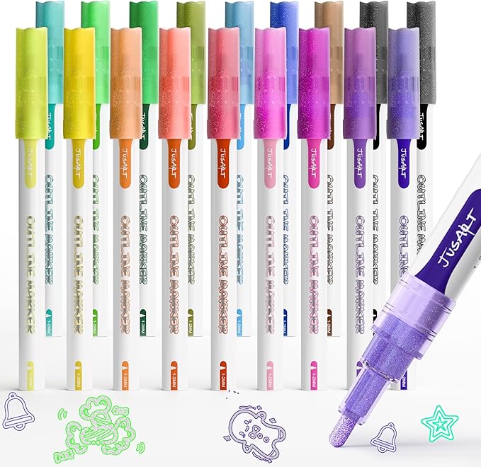 JusArt Outline Sparkle Markers, 18 Metallic Shimmer Pens for Adult Coloring, Cool Fun Drawing Supplies for Christmas, Easter, Halloween