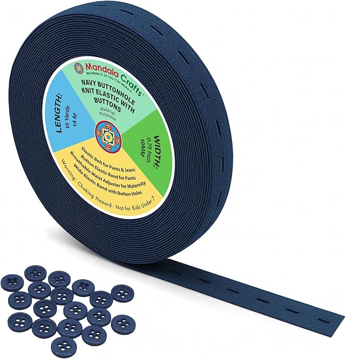 Mandala Crafts Navy Blue Buttonhole Elastics Band Pants Waist Tightener for Jeans - 0.75 In 15 Yds Navy Blue Elastic with Button Holes for Button Extender Waistband Belt