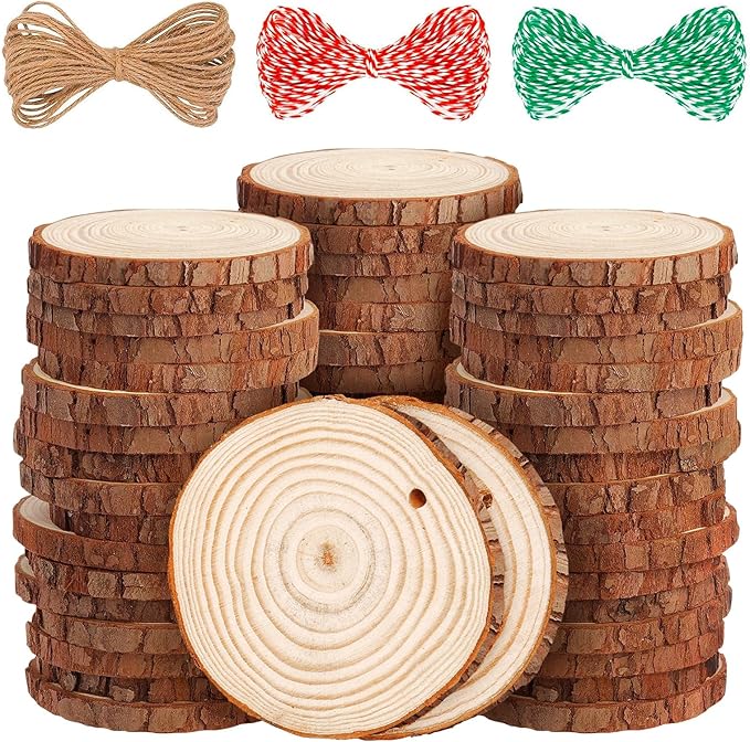 54Pcs Wood Slices, LOOFORE 2.4"-2.8" Unfinished Natural Wood Rounds with Pre-drilled Hole, for Burning Painting DIY Crafts Christmas Ornaments Party Wedding Decor
