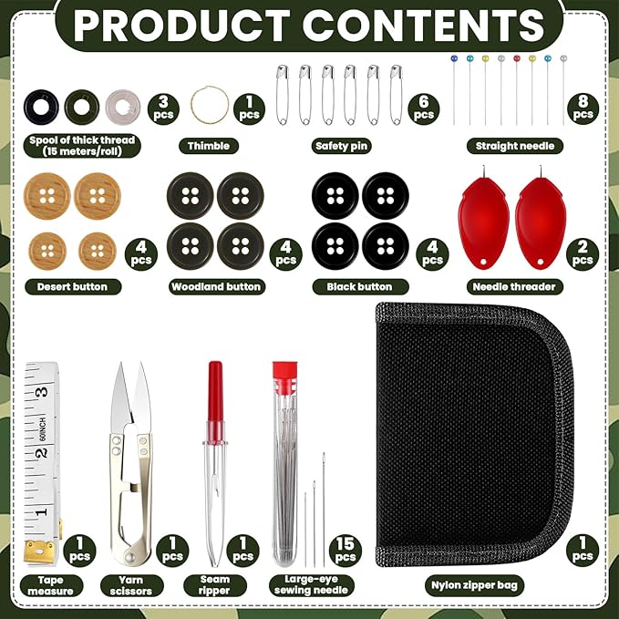 Suncalla Military Survival Sewing Kit Tactical with Buttons Durable Nylon Portable Small Sewing Kit for Men Women Complete Thread Needle Repair Tools for Travel Field Emergency(Black,1)
