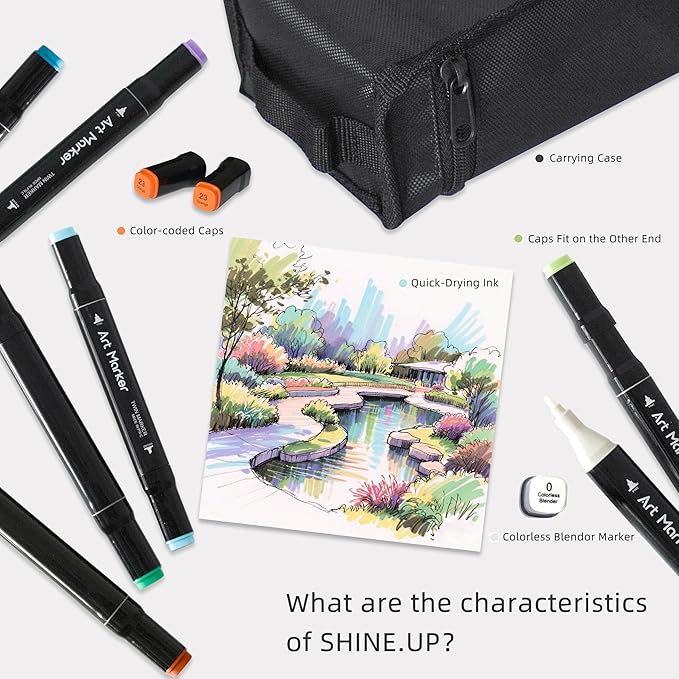 120 Colors Dual Tip Alcohol Markers Set, Chisel & Fine Point, plus 1 Colorless Blender, Professional Art Markers for Blending, Adult Coloring Books, Sketching, Architecture Design, Non-Toxic